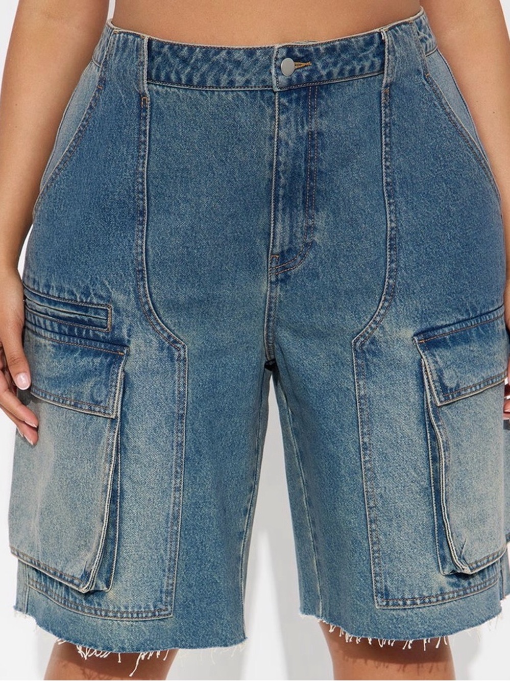 Fashion Nova Mid Wash Boyfriend Cargo Denim Shorts